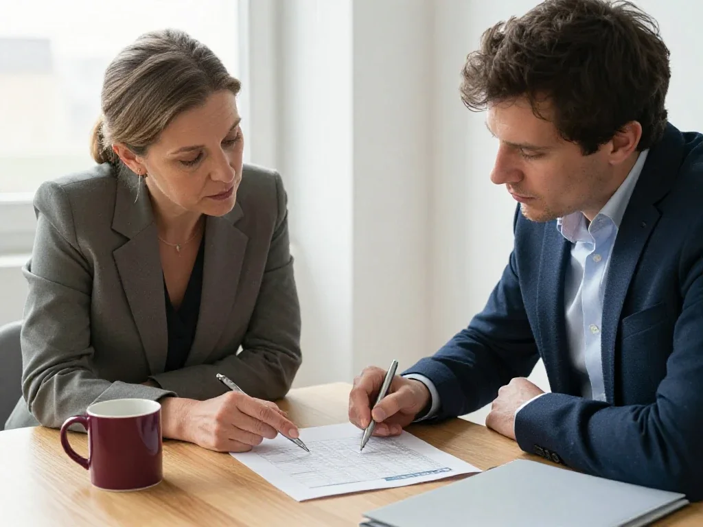 Conseillère et client analysant un bilan financier pour illustrer la gestion de l'économie.