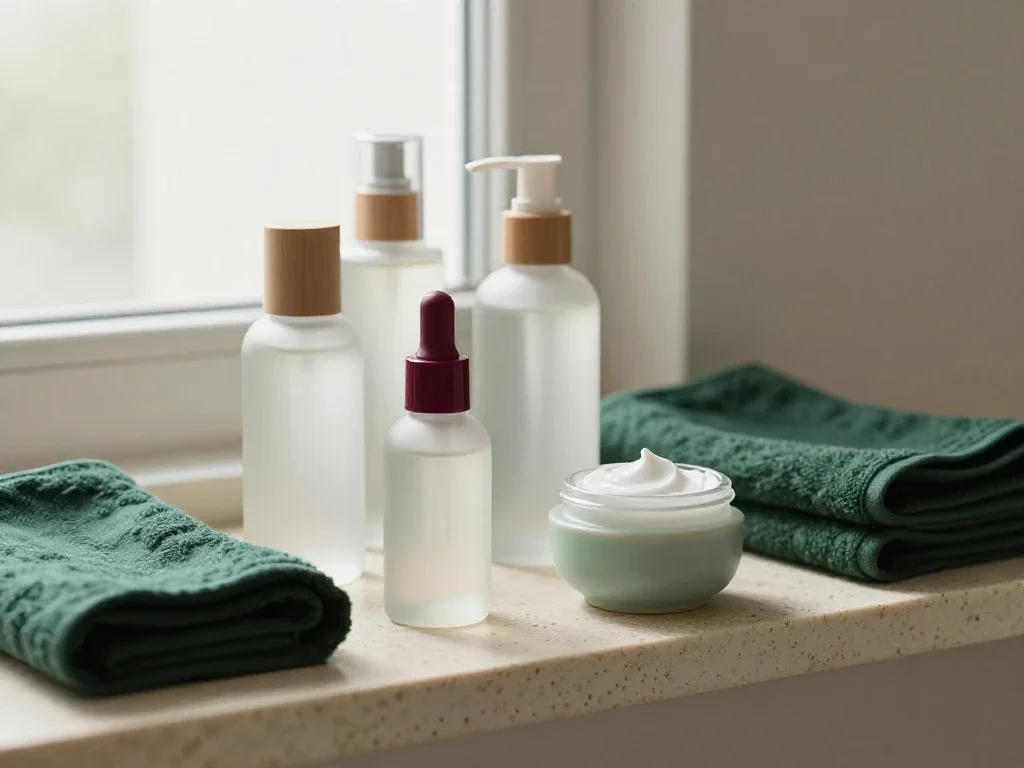 Soins cosmétiques et flacons élégants sur une étagère en pierre pour le secteur beauté.